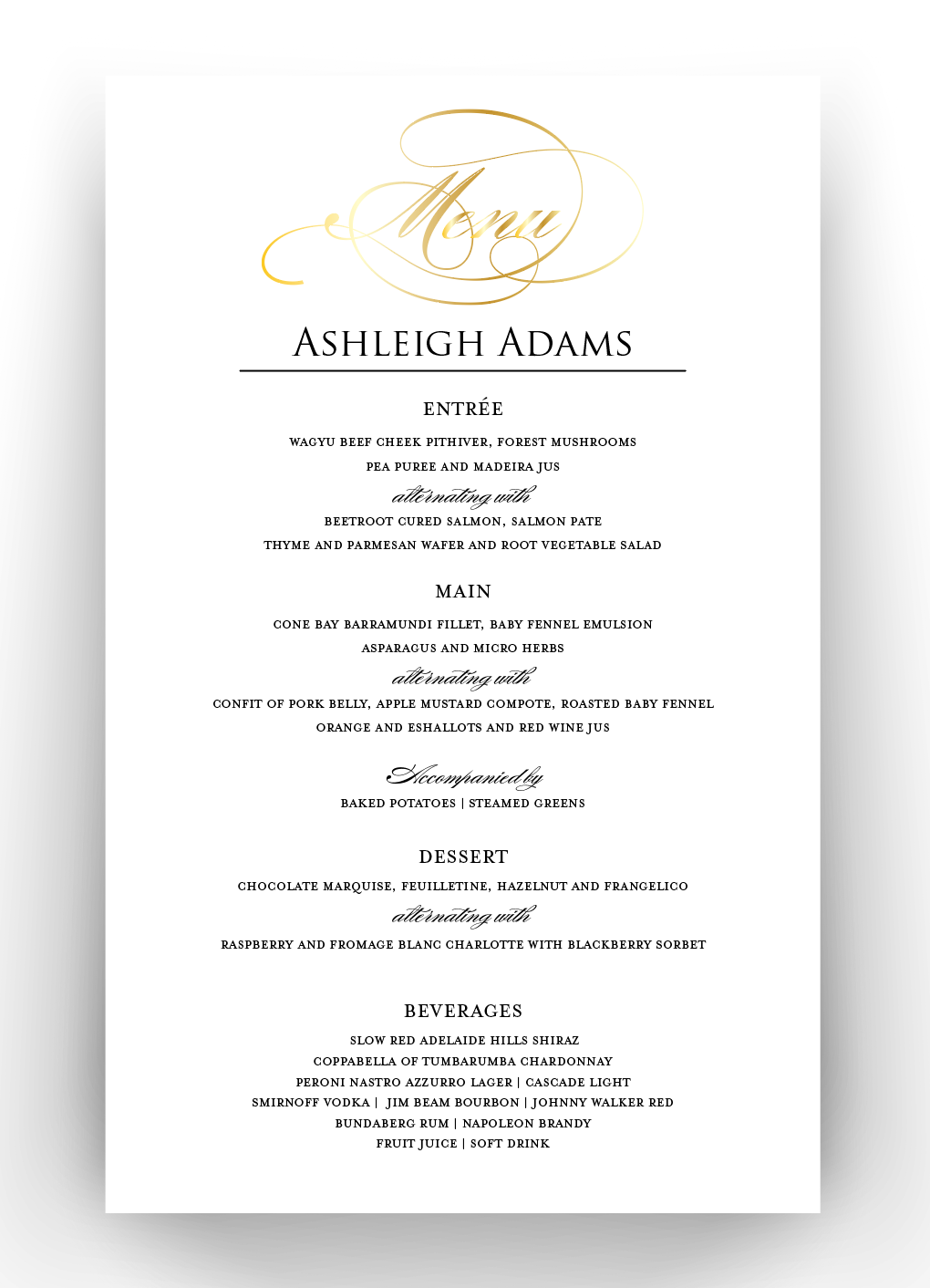 Personalised & Foiled Table Menu