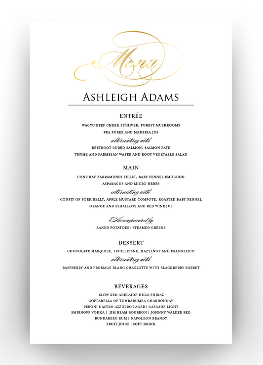 Personalised & Foiled Table Menu